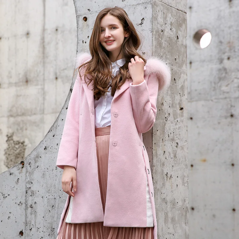 

Korean Fashion Fur Hooded Trench Coat for Women Streetwear Office Lady Trenchcoat Vintage Wool Coat Women Pink Winter Coat Women