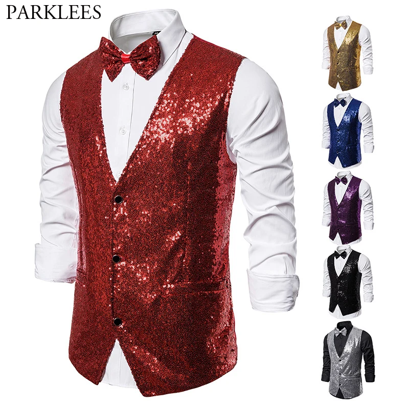 

Men's Red Sequin Vest with Bowtie Gilet Homme 2019 Brand New Slim Fit V Neck Glitter Waistcoat Men Party Stage Prom Show Costume