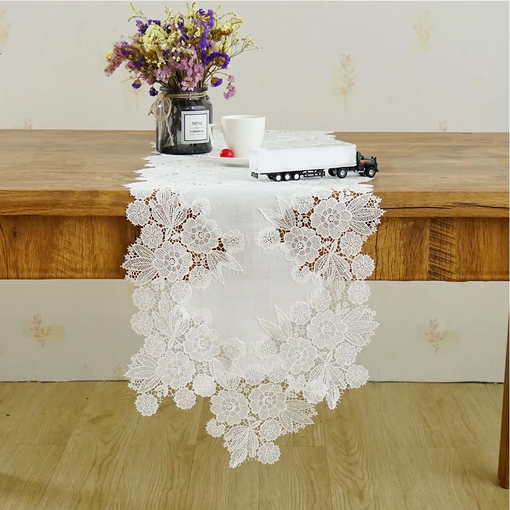 

Dinning Floral Table Cloth Embroidered Lace Living Room Dustproof Cover Home Decor Textile Rural Party For Events Wedding Runner