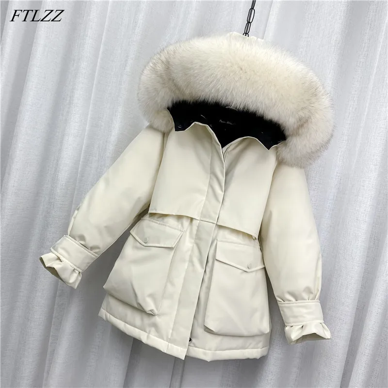 

FTLZZ зимняя Большая куртка с натуральным меховым воротником и капюшоном, Женская куртка-пуховик на утином пуху, женская теплая толстая верхн...