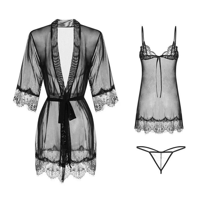 

APSUAELGB.- Sexy lingerie women's spring and summer new pajamas sexy net gauze see-through suspenders robe set lingerie erotic