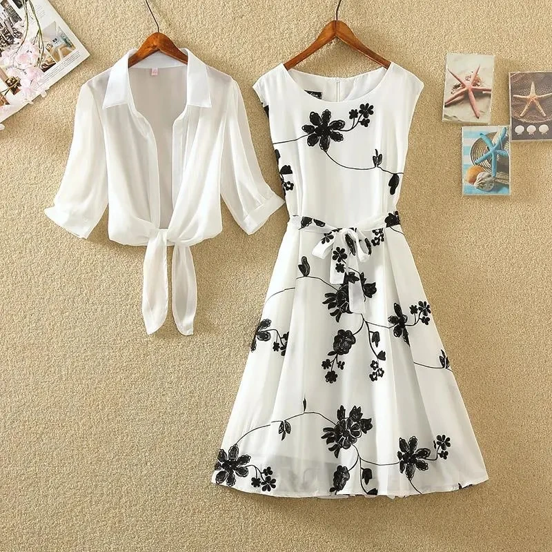 

2021 Summer Women Dress Suit White Chiffon Blouse and Dress Two Piece Set Sleeveless Floral Dresses Casual Top Mujer Vestidos