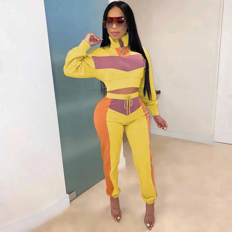 

European American Autumn Winter Women's Sports Suit 2020 Casual Stitching Striped Explosion Two-piece Long Sleeve