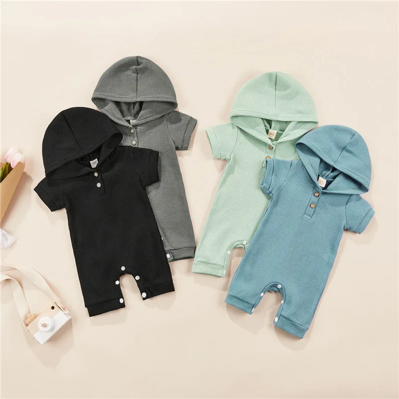 

Летние повседневные Комбинезоны для маленьких мальчиков, однотонные клетчатые вязаные Комбинезоны на пуговицах с коротким рукавом и капюш...