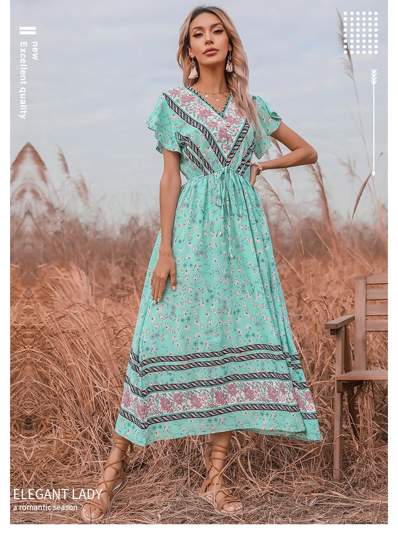 

Summer v-Neck Floral Flared Sleeve Elasticated Lace Dress For Women Elegant Bohemian Casual Loose Long Skirt Ladies Clothes