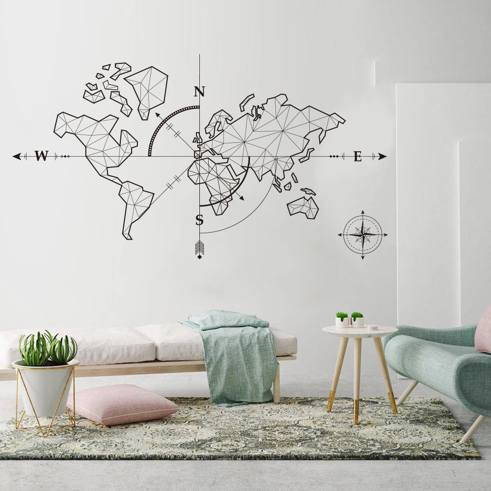 

Large World Map Compass Earth Wall Sticker Classroom World Map Travel Global Exploration Adventure Wall Decal Vinyl Decor LW247