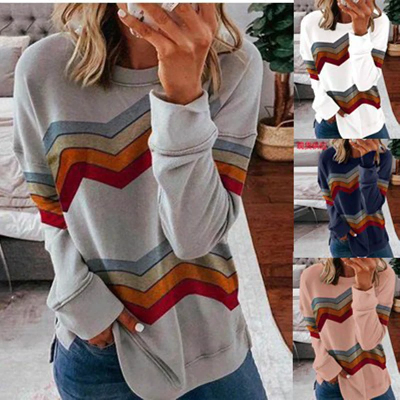 

Autumn Winter New Fashion Stripe Color Matching O Neck Women's T Shirt 2021 Casual All-match Long Sleeve Loose Ladies Long Shirt