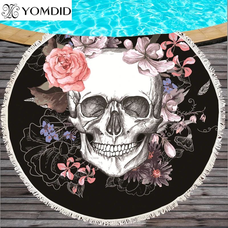 Женское круглое пляжное полотенце с принтом в виде сахарного черепа толстое
