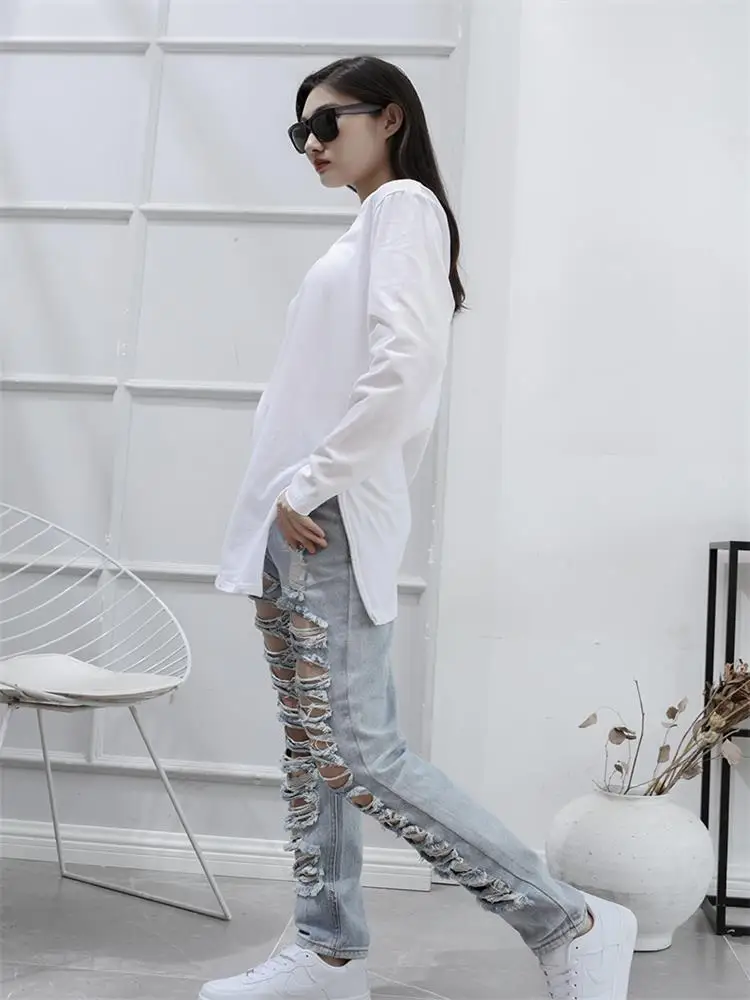 

T-shirt with Round Neck, Long Sleeve, Medium Length, Side Zipper, Dark, Yamamoto Street T-shirt, Versatile Side Split T Shirt