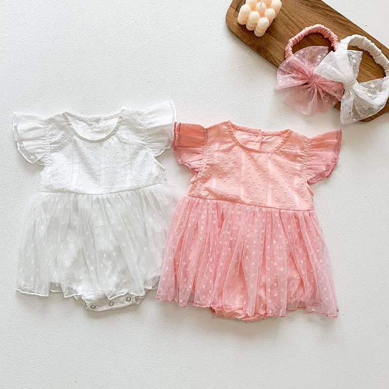 

Baby Girls Clothes New Summer Net Yarn Princess Dress Flying Sleeves Bodysuit Cotton Infant Girls Jumpsuit Outfit Send Headband