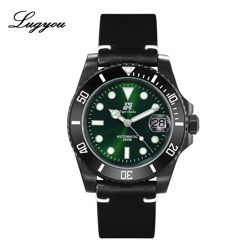 B Green Leather Lugyou Сан Мартин роскошные черные DLC Diver Мужские часы Автоматические из нержавеющей стали Пескоструйный сапфир 20 атм водонепроницаемый резиновый ремешок - Цвет: B Green Leather