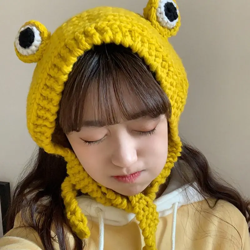 

Cute Frog Eye Weave Knit Skullies Beanie Hat Solid Color Winter Warm Earflap Cap