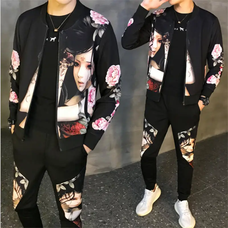 

2021 Autumn Winter New Jacket + Pants Style Chinese Style Beauty Print Suit fashion Style Jacket Suit Casual Brand Men's Jacket