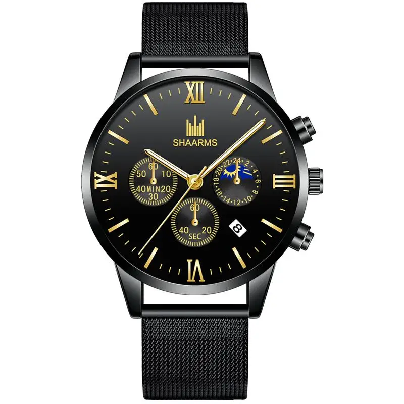 SHAARMS Luxury Men Gold Watch Mesh Band Stainless Steel Quartz Wristwatch Male Man Military Sport Business Watches Reloj Hombre | Наручные
