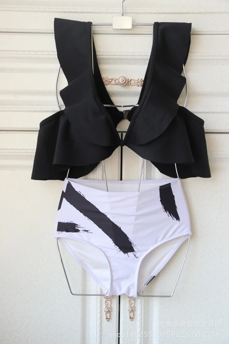 Женский купальник, купальный костюм, два предмета, танкини, купальники размера плюс, Новое поступление, Falbala, с высокой талией, спандекс, Одноцветный