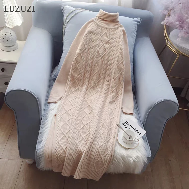 LUZUZI/Новинка года; сезон осень-зима; элегантное однотонное платье-свитер с высоким воротником; длинное трикотажное платье; корейский пуловер с длинными рукавами