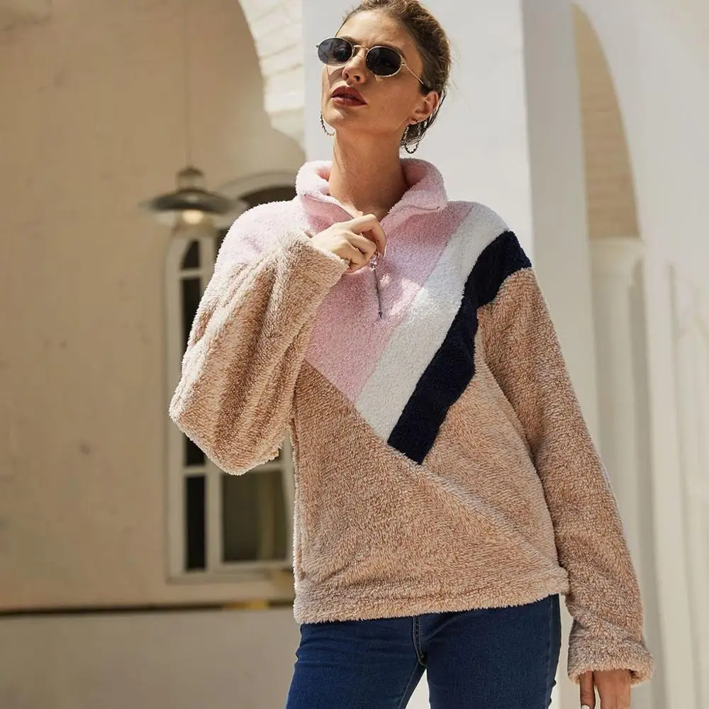 

2019 Winter Sweatshirt Plush Pullover Women Plus Size Casual Patchwork Lapel Long Sleeve Faux Teddy Sweatshirt Pullover Tops