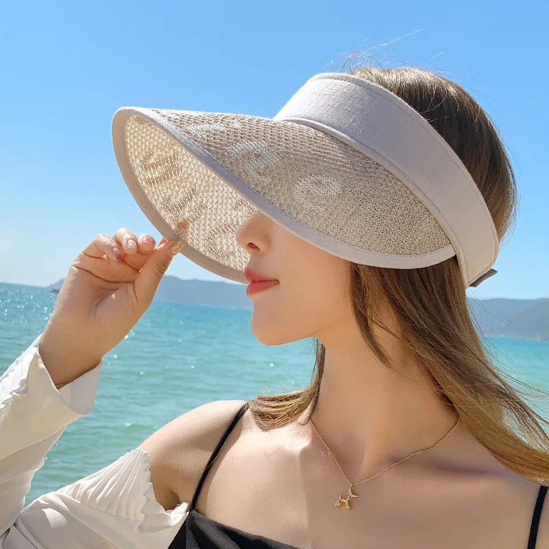 

New hat female empty top hat jacquard wild summer breathable sun hat outdoor travel sunscreen beach empty top hat
