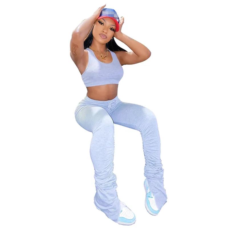 

Solid Color Crop Vest and Stacked Pants Two Set Women Short Pullover Elastic Waist Casual Full Length Sleeveless Polyester