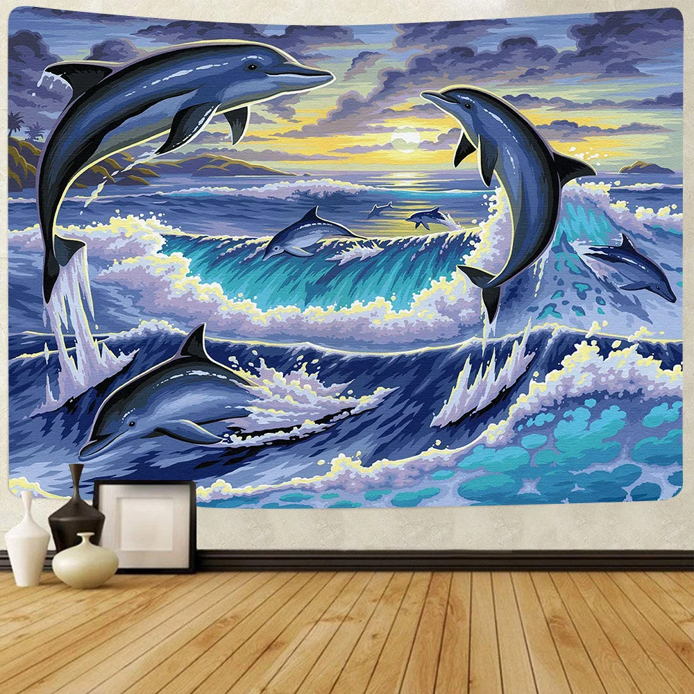 

Simsant Ocean Dolphin Tapestry Sunset Sea Wave Art Wall Hanging Tapestries for Living Room Bedroom Dorm Home Blanket Decor