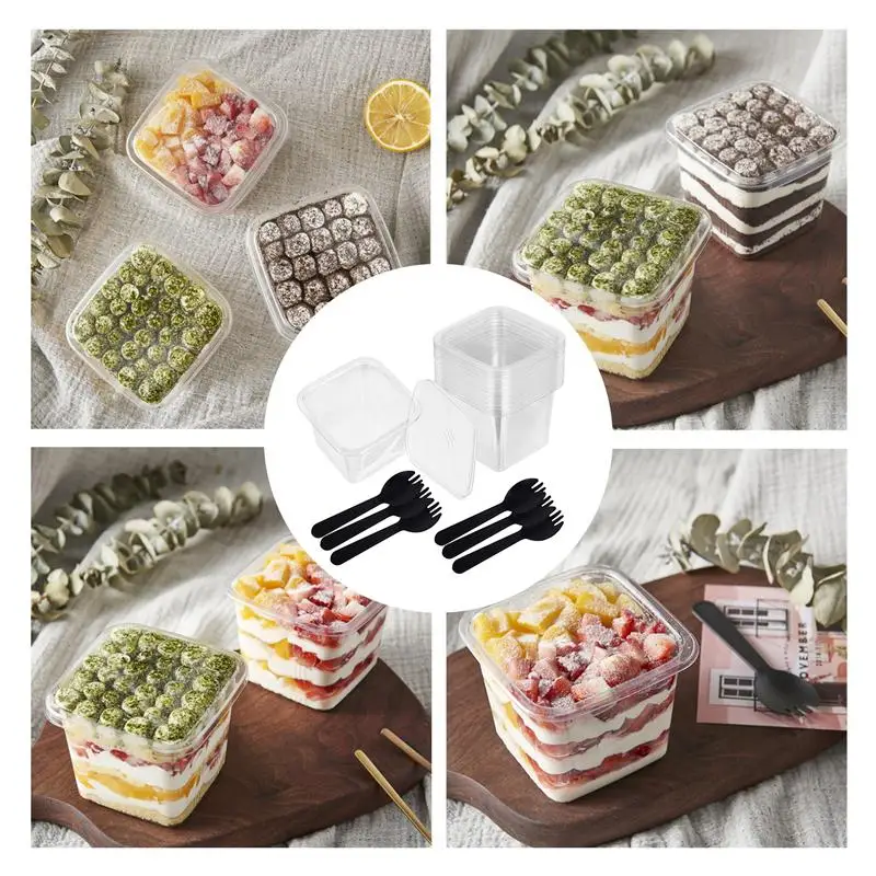 

50 Sets Thickened PET Cupcake Cups Compact Mousse Cups with Lid Spoon Fork