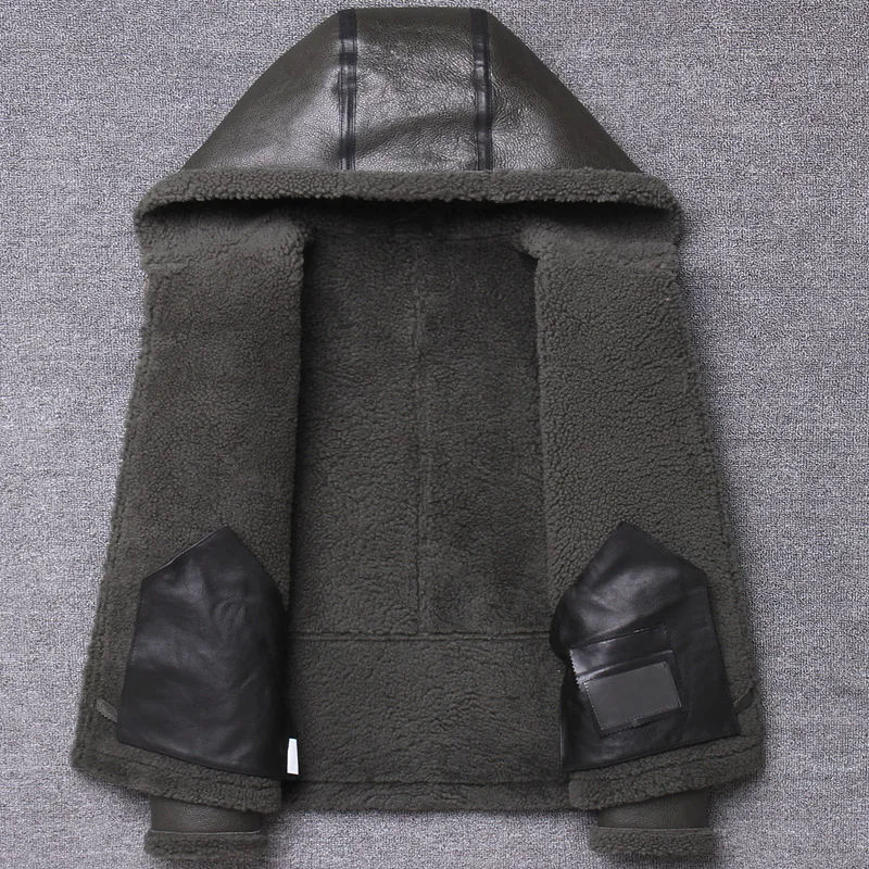 Мужская короткая куртка из овчины с капюшоном винтажная натуральной овечьей