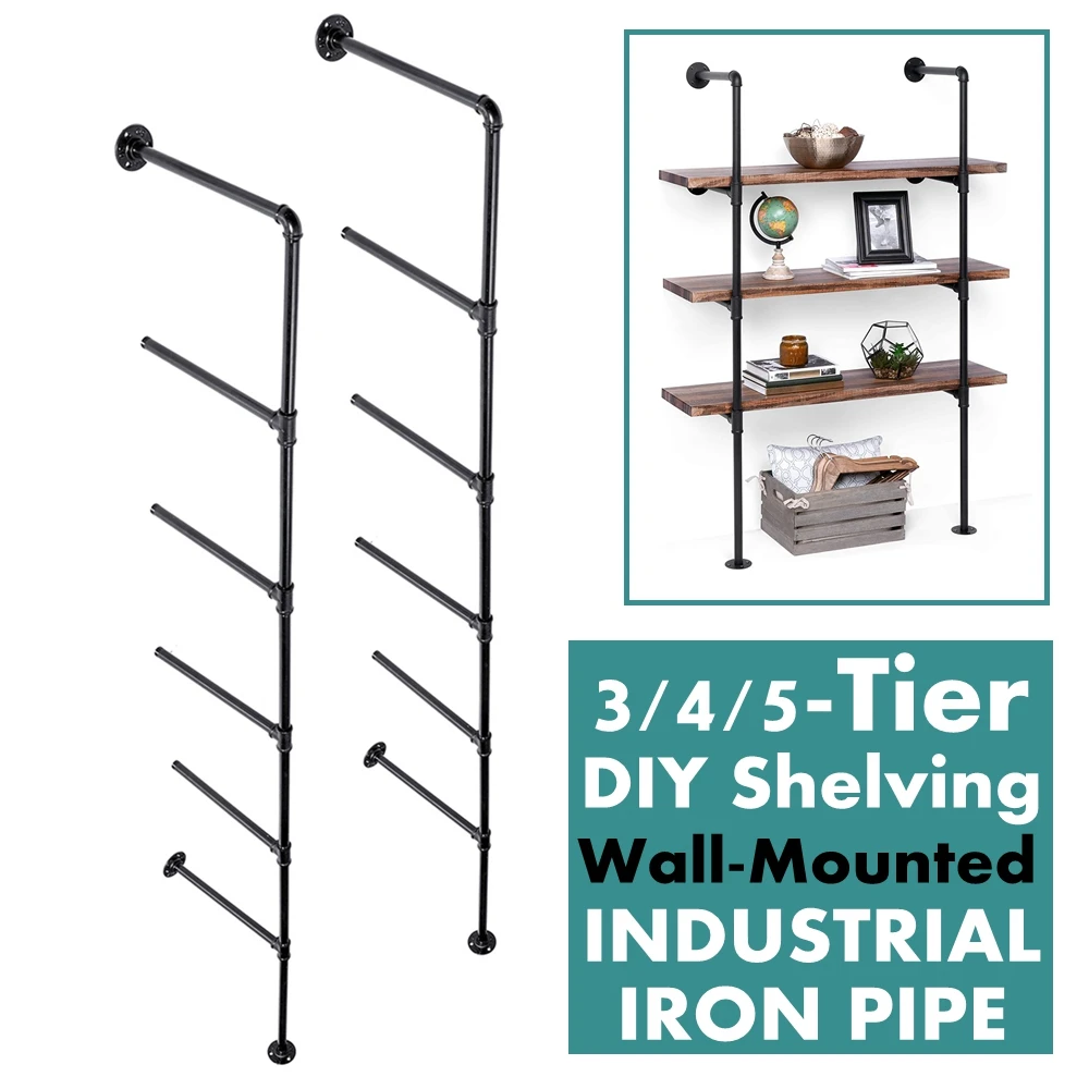 

2 PCS 5 Tier Shelf Industrial Furniture Wall Shelf Bracket Home Decor Hanging Storage Shelves Iron Pipe Black DIY Pipe Shelves