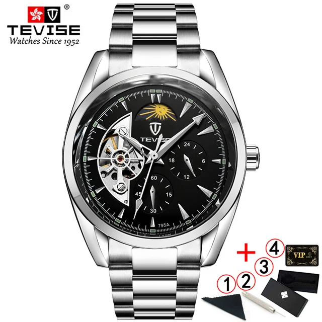 black silver box TEVISE автоматические часы Tourbillon механические часы мужские часы деловые наручные часы Мужские часы со скелетом montre homme - Цвет: black silver box