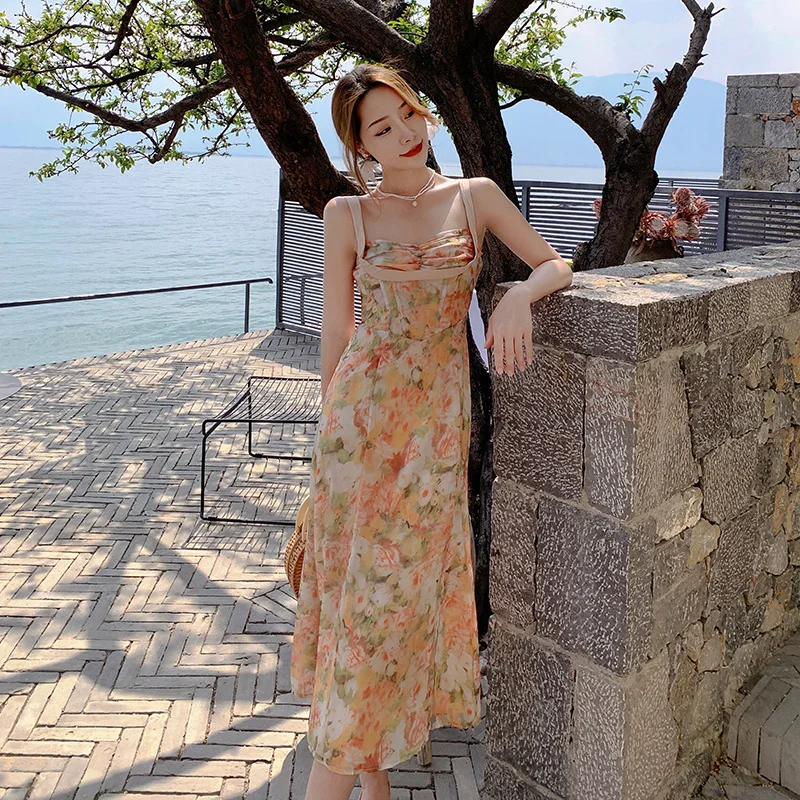 

COIGARSAM Beach French Style Floral Print Women Long dress Vintage Chiffon Spaghetti Strap Dresses Design And Color 8834