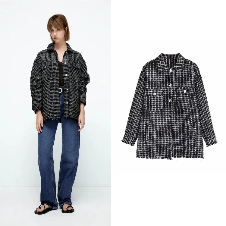 

Осенний женский клетчатый Свободный кардиган ARIANA, рубашка с отложным воротником, Повседневная элегантная клетчатая белая и черная одежда, ...