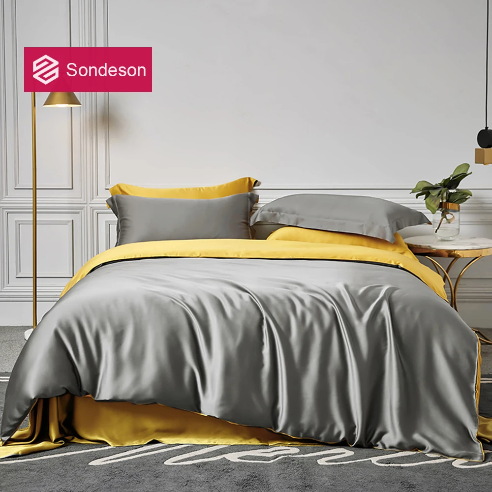 

Sondeson Luxury 100% Silk Bedding Set Top Grade Silk Solid Color Duvet Cover Flat Sheet Pillowcase Double Queen King For Bed