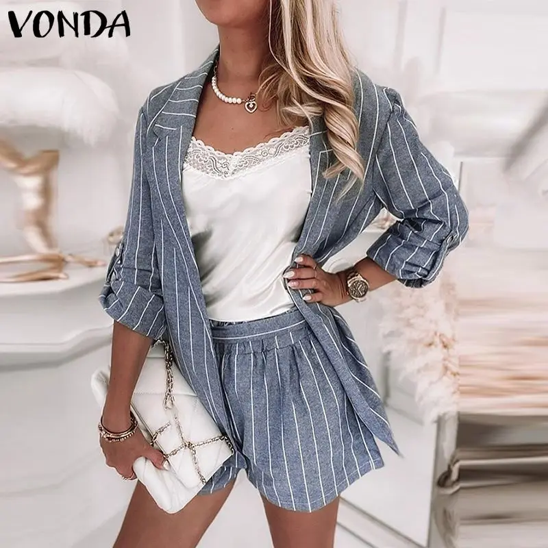 

Office Formal Coat Jackets And Shorts Suits VONDA 2021 Women Long Sleeve Lapel Neck Striped Blazer Two-piece Set Oversized
