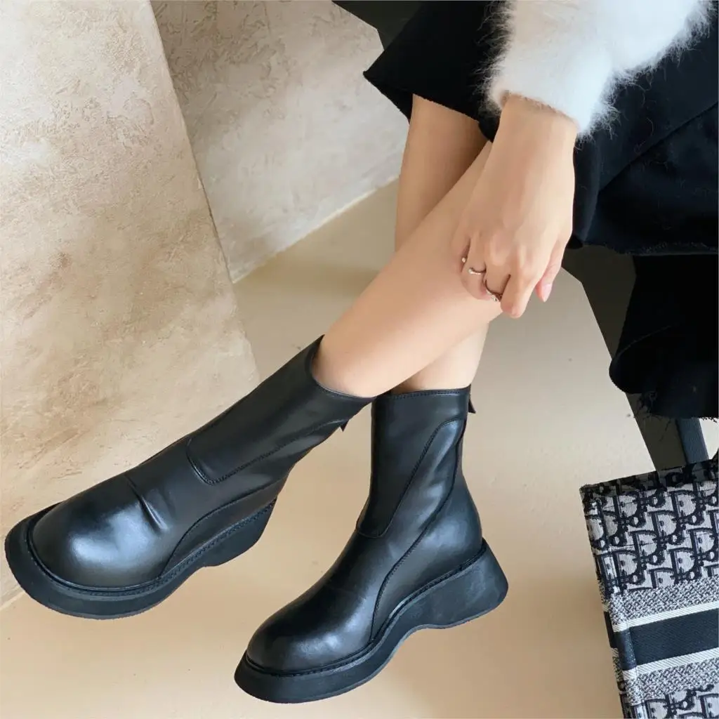 

Meotina Genuine Leather Platform Mid Heel Ankle Boots Women Shoes Zipper Chunky Heels Short Boots Female Autumn Winter Black 40