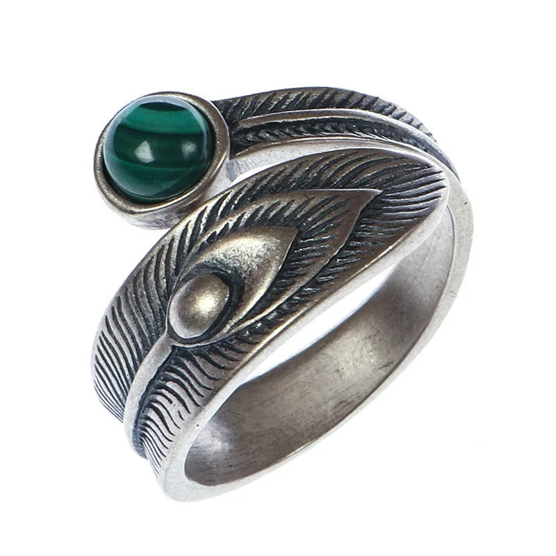 

Malachite Adjustable Ring Vintage Peacock Feather Openning Rings for Women Bohemian Female Wedding Party Jewelry Wholesale