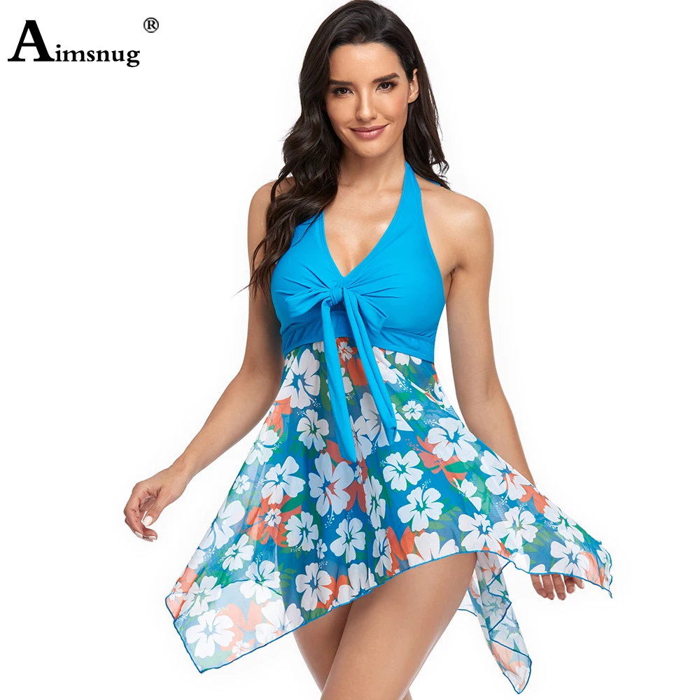

Women Tankini Swimauits Sexy Fashion Two Pieces Swimwear Europe Style 2021 Patchwork Bathing Suits Model Flower Print Skirt Sets