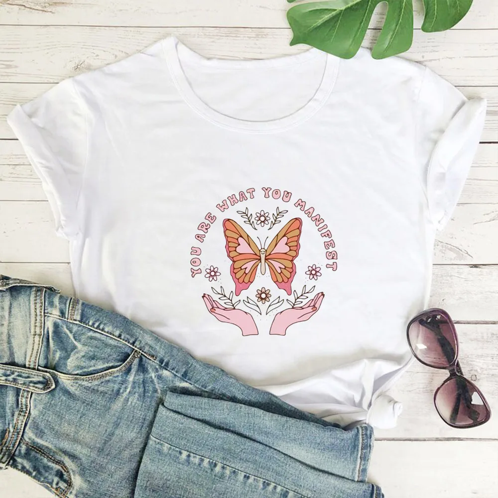 

You Are What You Manifest T-shirt Women Butterfly Flower on Palm Graphic Women Tshirts Top Cotton Short Sleeve T Shirt Women