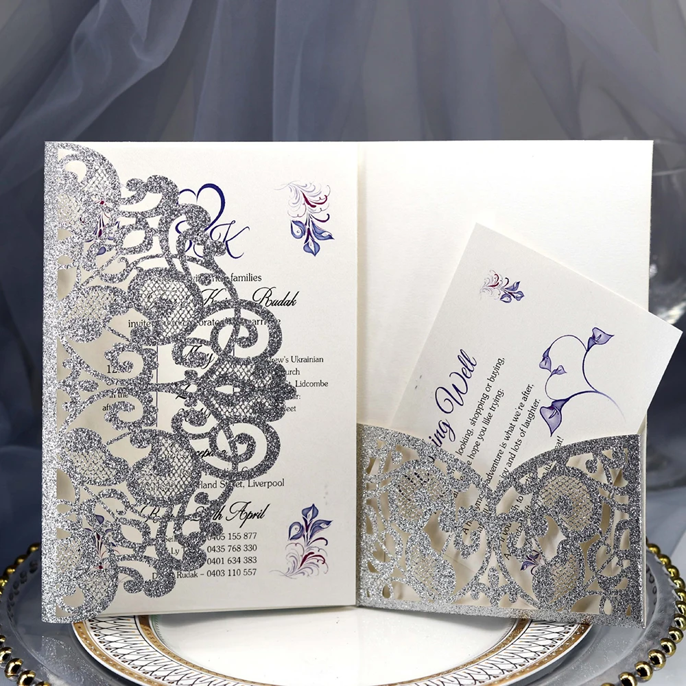 Свадебные пригласительные открытки с бордовыми лентами 3 складки 20 шт./компл. 5x7