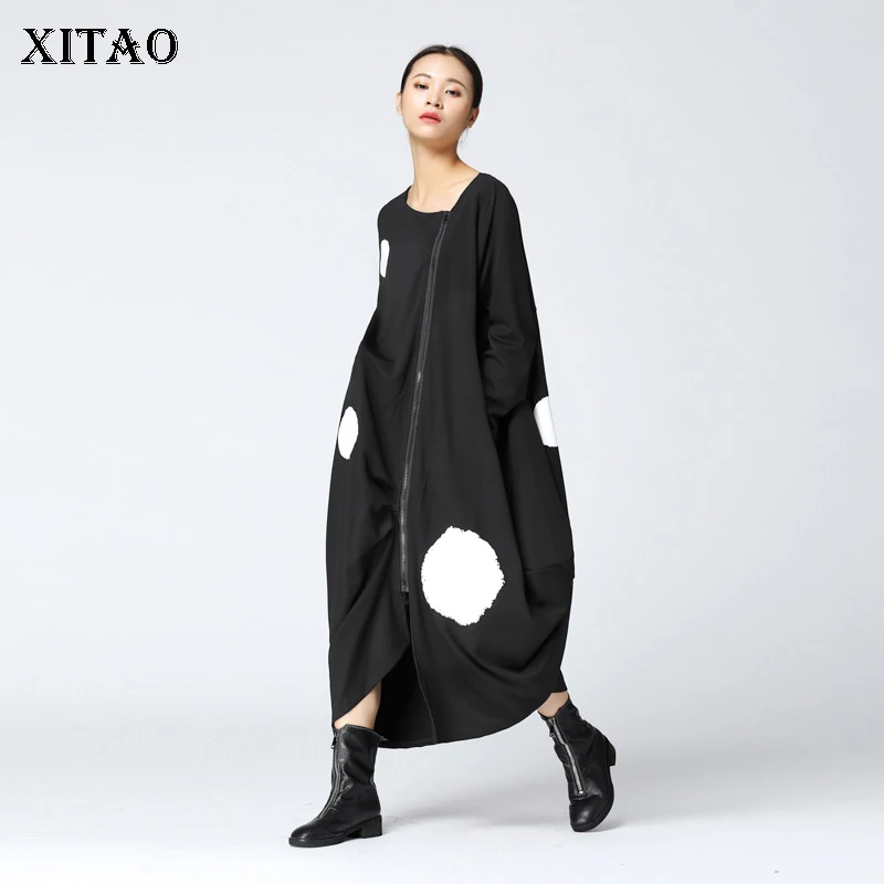 

[XITAO] Hong Kong 2018 New Autumn Women Dot Pattern Print Irregular Cardigans Dress Female Full Sleeve O-Neck Dress KZH2360