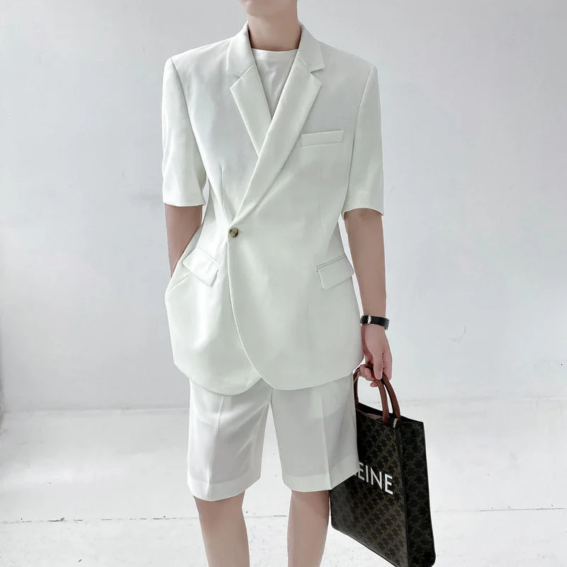 

Summer Black/White Suit Men's Fashion Business Society Mens Dress Suit Korean Loose Short-sleeved Blazer Shorts Men Short Sets