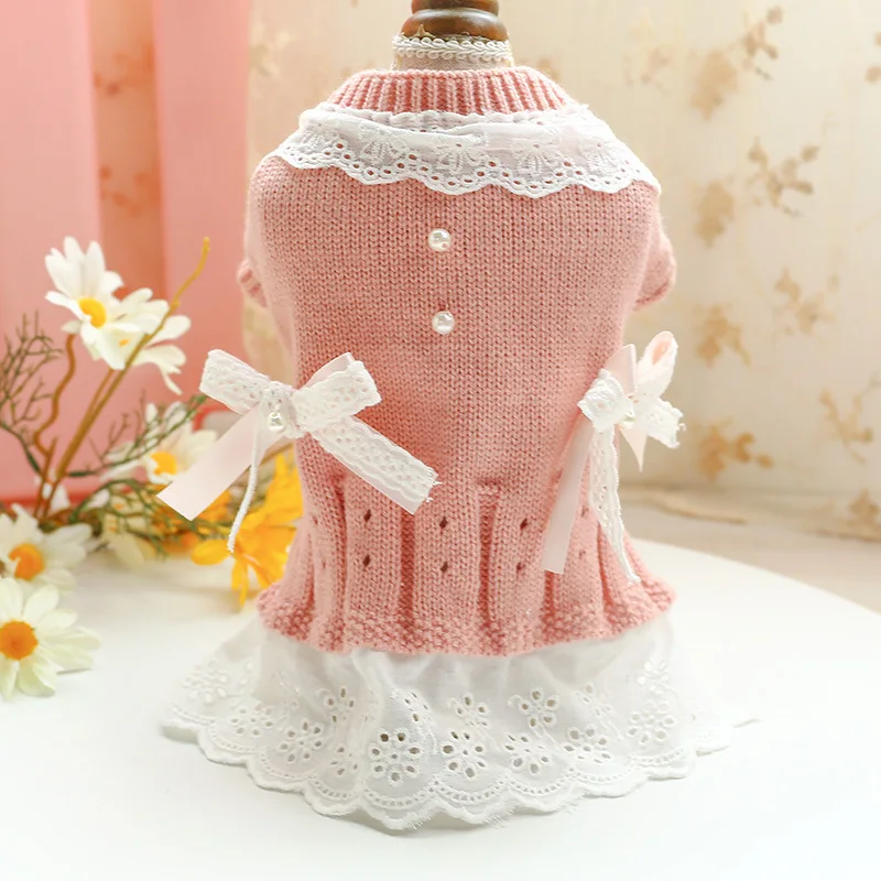 

Spring New Style Comfortable Warm Pink Dog Clothes Pet Sweater Dress White Lace Bow Tie Knit Skirt Winter Pet Small Cat Costume