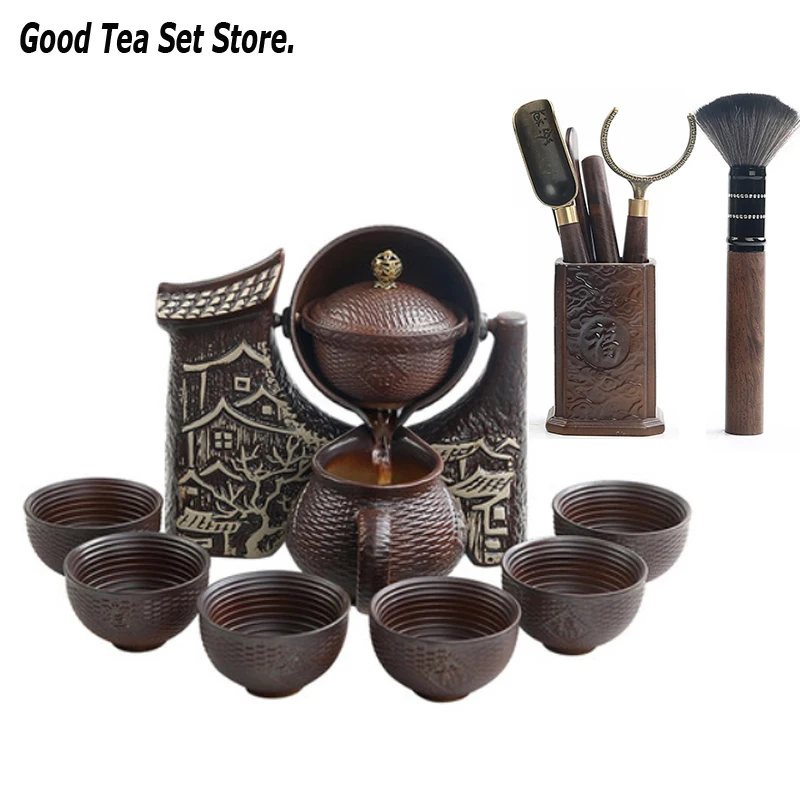 

Ceramic Teacup Set Pottery Kung Fu Tea Cup Semi-automatic Green Puer Mug Tea Tray Teapot Tea Caddy Tea Pot Tool Accessories
