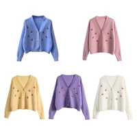 casual sweater cardigan women autumn winter new v neck embroidered cherry sweater sweet long sleeve knitting top