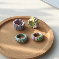 aomu 1pc 2021 new trendy handmade colorful stripe ceramic clay geometric irregular round rings for women girls jewelry gifts