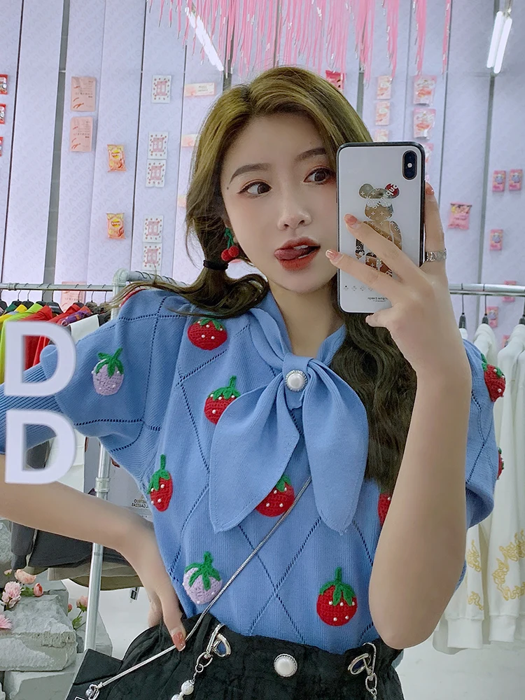

Spring Summer New Sweet Girl 3D Strawberry Embroidery Short Sleeve Sweater Bow collar Hollow Out Pullover Knitted Tops