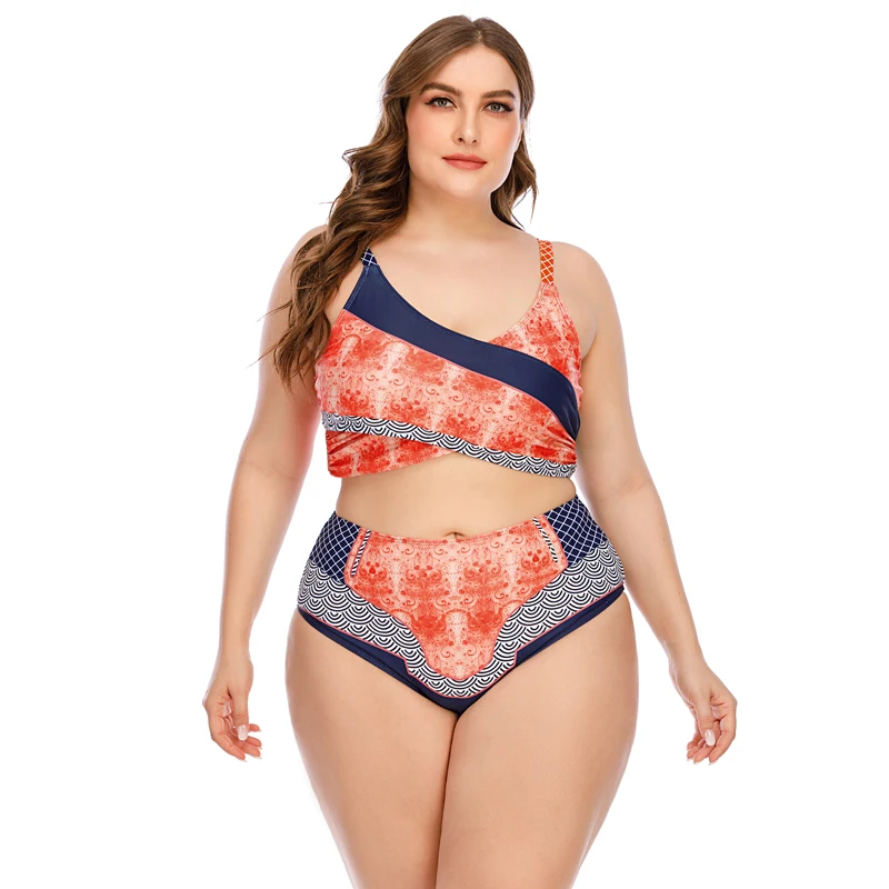 

Женский комплект бикини размера плюс, майка с перекрестными бретелями, цвет оранжевый, с винтажным принтом, отдельные купальники, 5XL