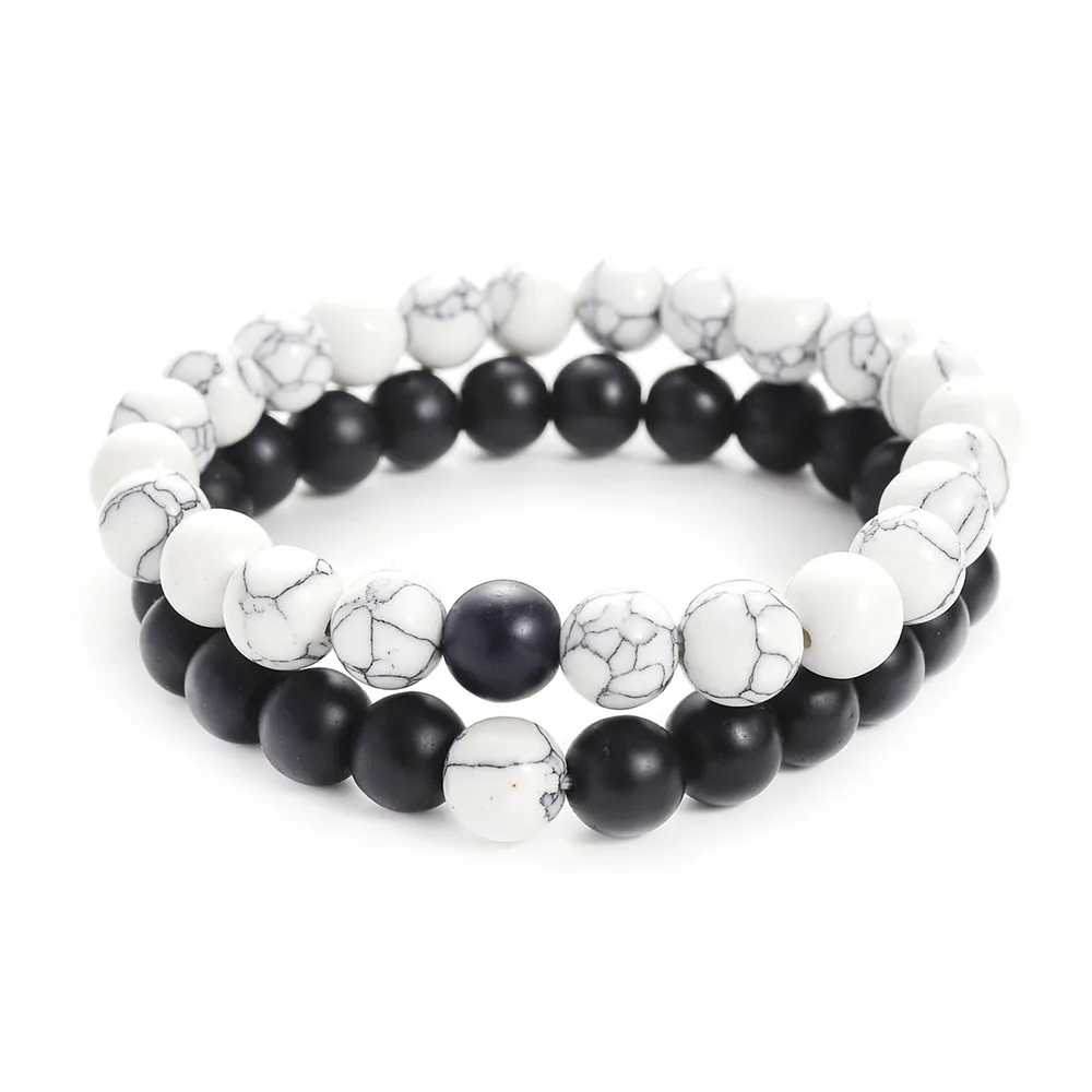 

2Pcs/Set Couples Bracelet Natural Stone White and Black Yin Yang Beaded Bracelets for Men Women Best Friend Hot