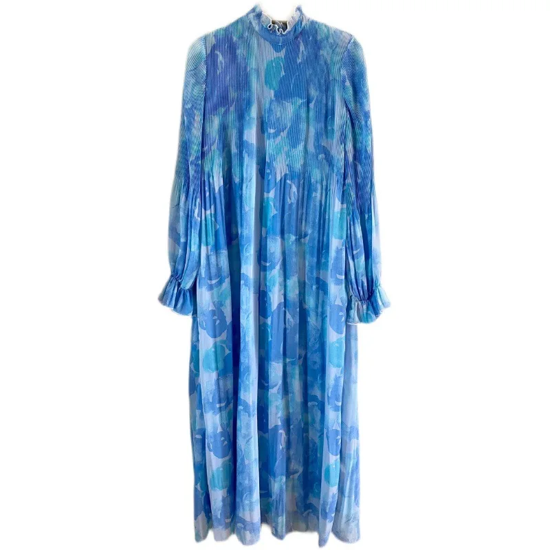 

2021 Spring New Dreamy Blue Ruffled Pleated Chiffon Printed Tie-Dyed Long Loose Romantic Vintage Fashion Dress