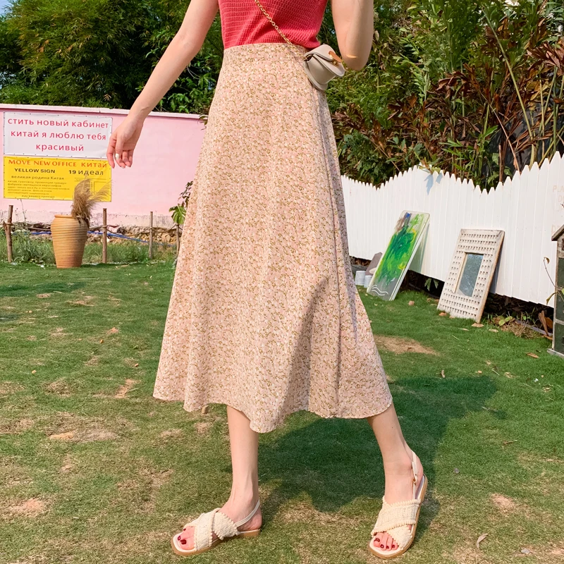 

Real Shot Summer New Ladies Retro High Waist Floral Chiffon Midi Skirt Casual Korean Style Female Bohemian Long Skirts for Women