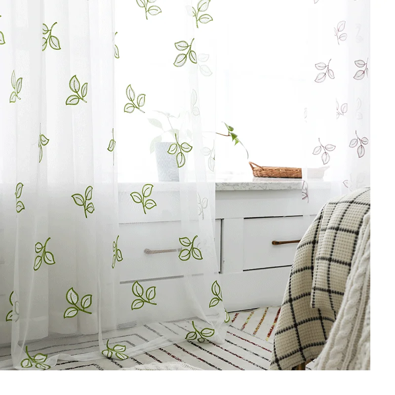 

Leaflet Embroidery Tulle Korean Pastoral Cotton Linen Translucent Tulle Half Shading Embroidery Tulle For Living Room Bedroom