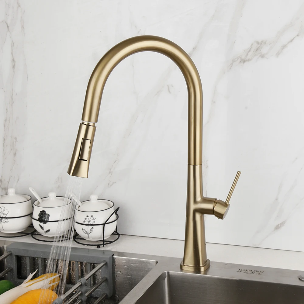 JIENI Brushed Gold Kitchen Faucet Swivel & Pull Out Rotated Sink Mixer Tap Deck Mounted 2 Modes Spray Solid Brass | Обустройство